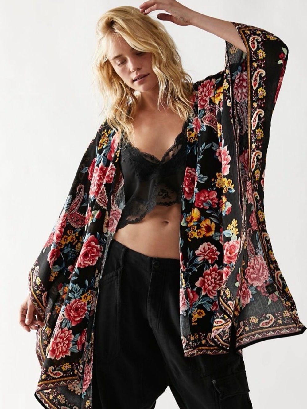 Free People Do Everything in Love Floral Black Kimono One Size XS S M L NWOT NEW